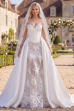 Robe de mariée en train de la sirène à perles blanches à perles florales avec voiles