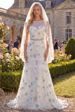 Robe de mariée en train à col bateau en deux pièces à col bateau en fleur vert avec voiles
