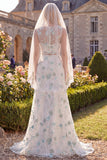 Robe de mariée en train à col bateau en deux pièces à col bateau en fleur vert avec voiles