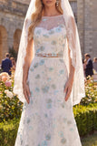 Robe de mariée en train à col bateau en deux pièces à col bateau en fleur vert avec voiles