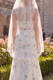 Robe de mariée en train à col bateau en deux pièces à col bateau en fleur vert avec voiles
