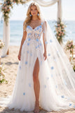 Robe de mariée corset en traîne à balayage en perles de fleurs bleues blanches avec voiles