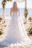 Robe de mariée corset en traîne à balayage en perles de fleurs bleues blanches avec voiles