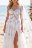 Robe de mariée corset en traîne à balayage en perles de fleurs bleues blanches avec voiles