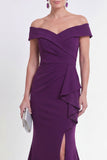 Robe formelle violette sirène froncée aux épaules dénudées, fendue