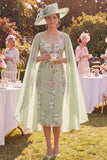 Robe midi midi fleurie appliquée vert bodycon avec une cape