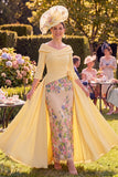 Robe longue longue de la mariée à motifs floraux jaunes et ronce à manches 3/4
