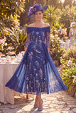 Robe midi midi marme de la mariée bleu marine à épaules dénudées, fleur en ligne A, avec manches 3/4