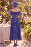 Robe midi midi marme de la mariée bleu marine à épaules dénudées, fleur en ligne A, avec manches 3/4