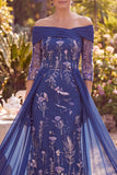 Robe midi midi marme de la mariée bleu marine à épaules dénudées, fleur en ligne A, avec manches 3/4