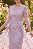 Robe midi à col rond perlé lilas avec manches 3/4