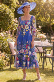 Robe midi midi fleur marin bleu royau à ligne carrée
