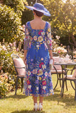 Robe midi midi fleur marin bleu royau à ligne carrée