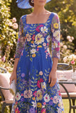 Robe midi midi fleur marin bleu royau à ligne carrée