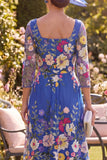 Robe midi midi fleur marin bleu royau à ligne carrée