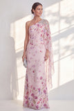 Robe longue de la mère de la mariée en chiffon en chiffon lilas avec une cape latérale