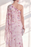 Robe longue de la mère de la mariée en chiffon en chiffon lilas avec une cape latérale