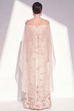 Robe sirène fleurie abricot sans bretelles longue mère de la mariée avec cape