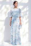 Robe longue mère de la mariée à manche longue à col bateau à fleurs à fleurs en mousse