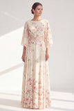 Robe longue Mother Of the Bride à long col bateau abricot abricot et manches demi-manches