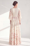Robe longue Mother Of the Bride à long col bateau abricot abricot et manches demi-manches