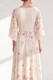 Robe longue Mother Of the Bride à long col bateau abricot abricot et manches demi-manches