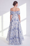 Robe de la mère de la mariée en ligne fleur bleue décollée à l’épaule basse