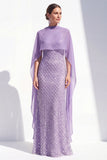 Robe longue de la mère de la mariée à col nu violet violet perlée de sirène