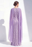 Robe longue de la mère de la mariée à col nu violet violet perlée de sirène