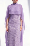Robe longue de la mère de la mariée à col nu violet violet perlée de sirène