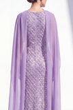 Robe longue de la mère de la mariée à col nu violet violet perlée de sirène