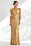 Sirène scintillante Sequins dorés à col rond Longue robe de mère de la mariée