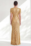 Sirène scintillante Sequins dorés à col rond Longue robe de mère de la mariée