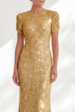 Sirène scintillante Sequins dorés à col rond Longue robe de mère de la mariée