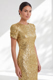 Sirène scintillante Sequins dorés à col rond Longue robe de mère de la mariée