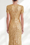 Sirène scintillante Sequins dorés à col rond Longue robe de mère de la mariée