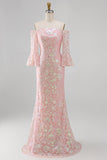 Robe formelle sirène brodée à paillettes à paillettes scintillantes avec manches 3/4