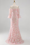 Robe formelle sirène brodée à paillettes à paillettes scintillantes avec manches 3/4