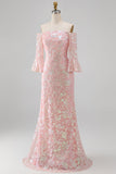 Robe formelle sirène brodée à paillettes à paillettes scintillantes avec manches 3/4