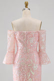 Robe formelle sirène brodée à paillettes à paillettes scintillantes avec manches 3/4