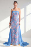 Robe scintillante bleu sirène sans bretelles Sequins Long Mother Of the Bride avec une cape