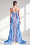 Robe scintillante bleu sirène sans bretelles Sequins Long Mother Of the Bride avec une cape