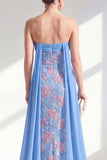 Robe scintillante bleu sirène sans bretelles Sequins Long Mother Of the Bride avec une cape