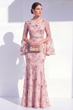 Robe longue de la mère de la mariée à col rond sirène à col rond à fleurs à manches longues