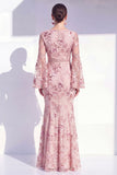 Robe longue de la mère de la mariée à col rond sirène à col rond à fleurs à manches longues