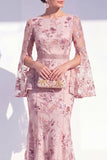 Robe longue de la mère de la mariée à col rond sirène à col rond à fleurs à manches longues