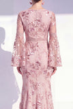 Robe longue de la mère de la mariée à col rond sirène à col rond à fleurs à manches longues