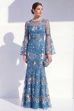 Robe longue de la mère de la mariée à col rond sirène à col rond à fleurs à manches longues