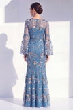 Robe longue de la mère de la mariée à col rond sirène à col rond à fleurs à manches longues