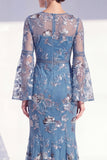 Robe longue de la mère de la mariée à col rond sirène à col rond à fleurs à manches longues